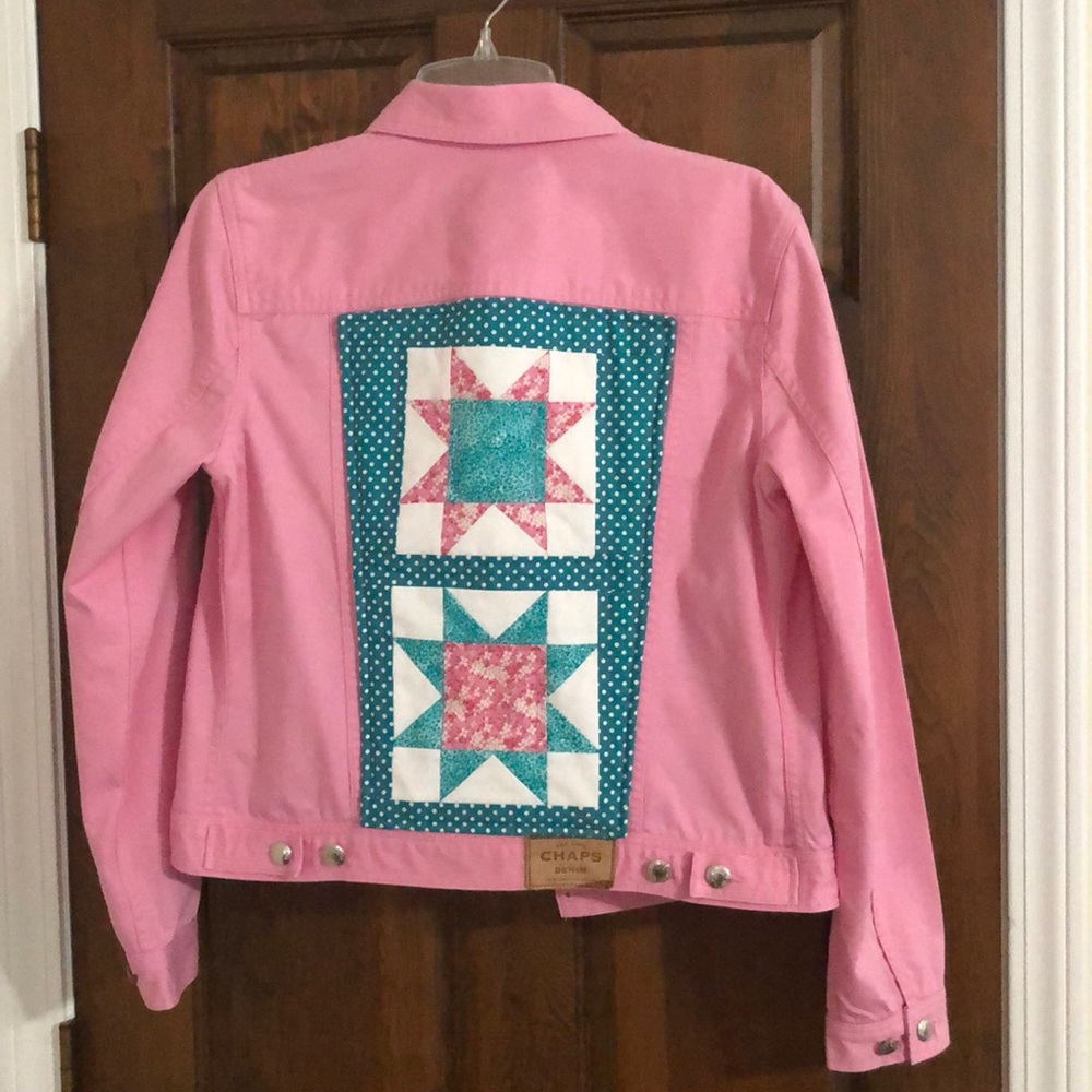 ONE OF A KIND Repurposed Chaps Pink Jean Jacket- Patchwork Ladies Small